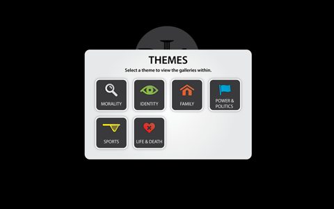 Theme selection window is in the center of the screen with the heading 'Themes' and the sub-text 'Select the themes to view the galleries within' then there is a grid of six different theme buttons.
