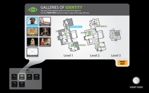 Galleries index screen of the Identity theme with one of the galleries in the grid highlighted in blue and the corresponding blue spot on the map