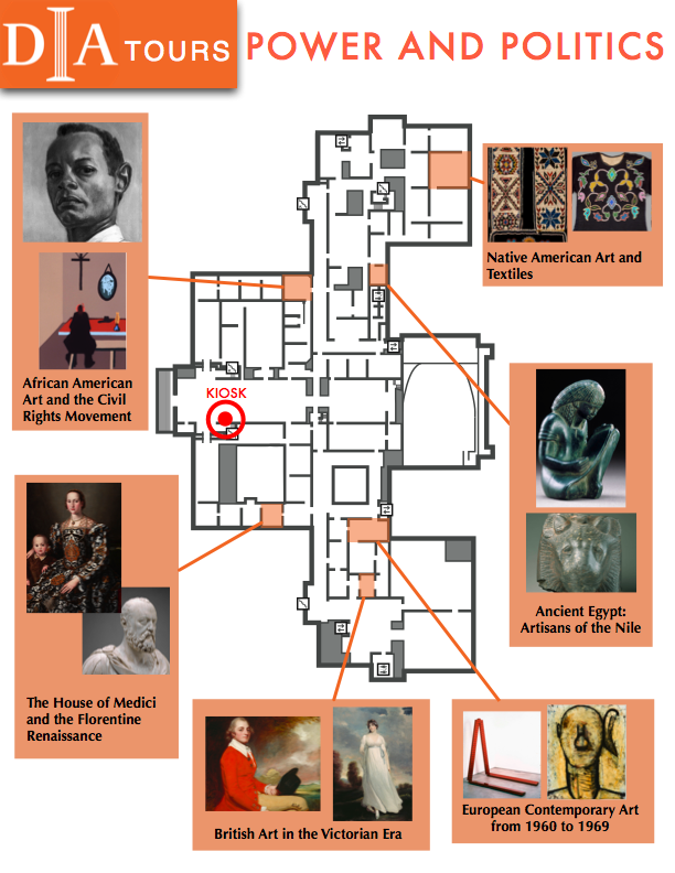 Brochure of the Power and Politics theme in monochromatic orange and portrait showing 6 sample galleries surrounding the three floor levels of the map.