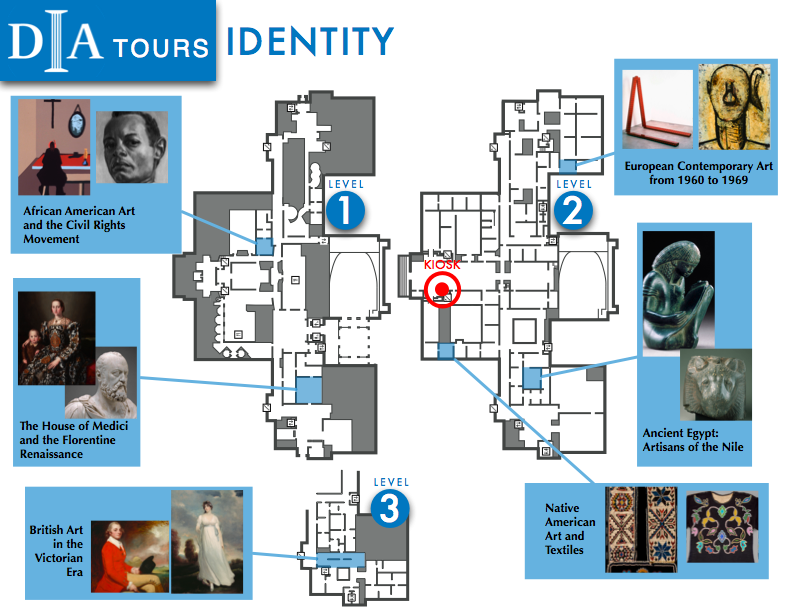 Brochure of the Identity theme in monochromatic blue and landscape showing 6 sample galleries surrounding the three floor levels of the map.