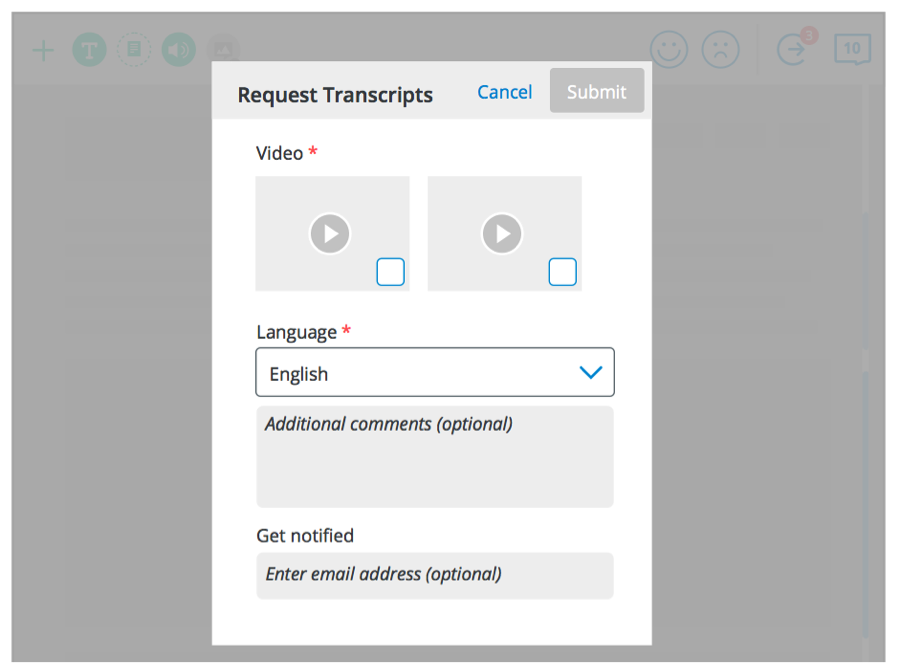 Interface allowing user to request transcripts for a video