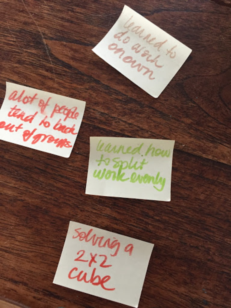 4 small sticky notes on a table with short notes written on each