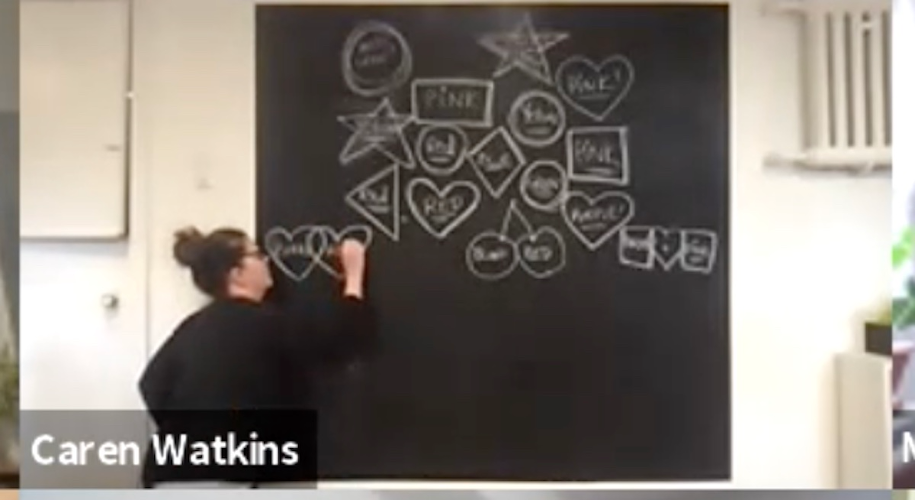 A Zoom screen capture close-up of Caren drawing the shapes and colours on the chalkboard.