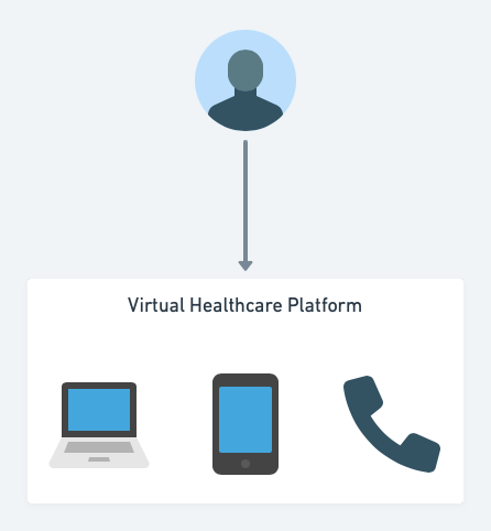 A user interacts with a single virtual healthcare platform. Access is available across modalities such as over the web, mobile app, and telephone.